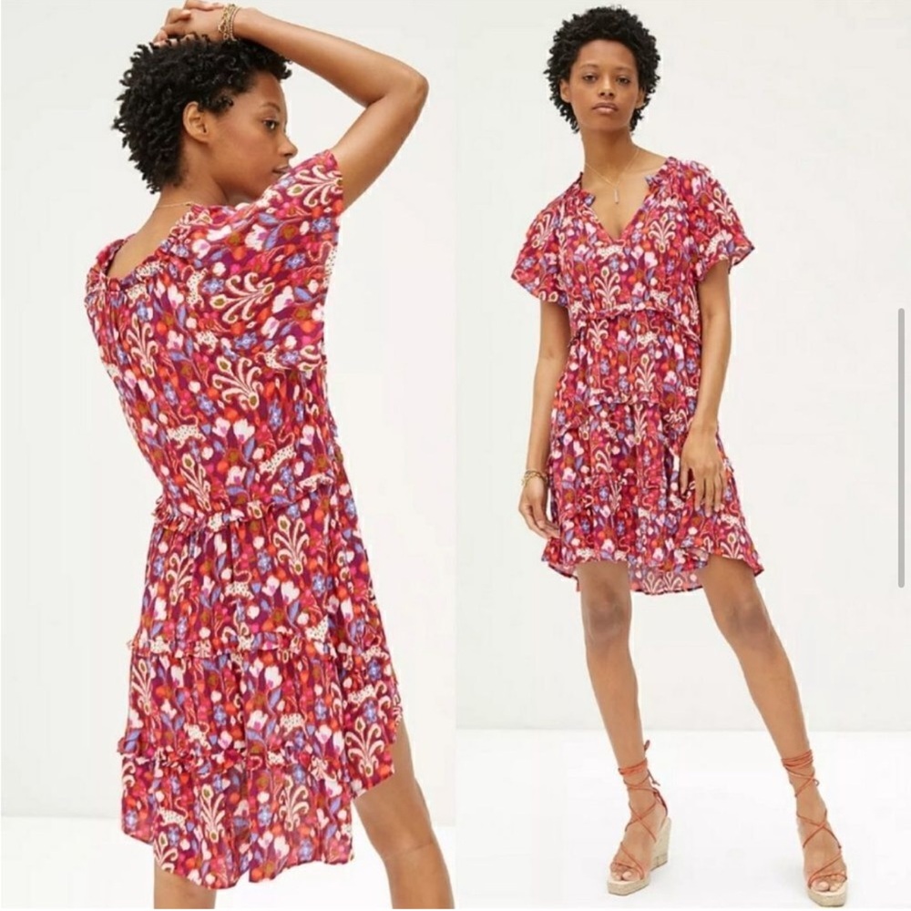 Anthropologie |Robin-100% Viscose Floral Red & Purple Tiered Mini Dress| Size: S